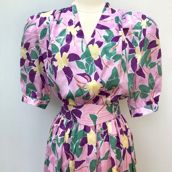 Vintage 80’s pink abstract orchid floral secretary dress - Picture 2 of 9